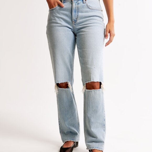 Abercrombie & Fitch Curve Love Mid Rise 90s Straight Jean - 29L Light Destroy - Picture 2 of 9